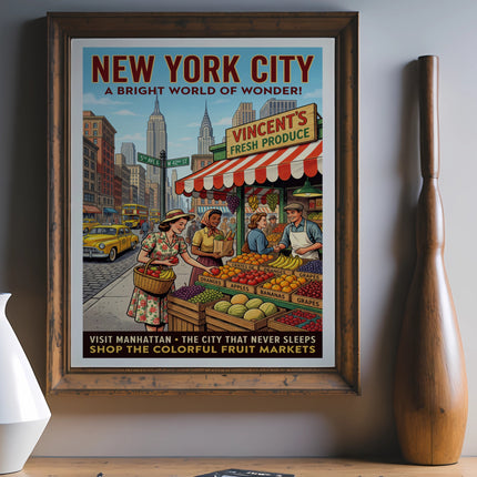 New York City fresh produce market poster with "Vincent's Fresh Produce" text.