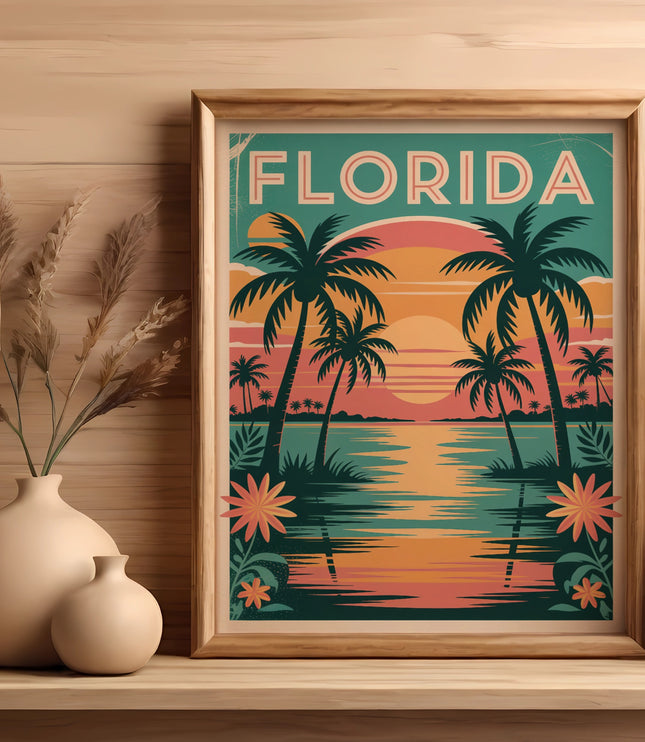 Florida sunset art with palm trees and water; framed print on wooden shelf.