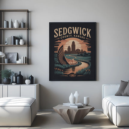 Framed "Sedgwick County, Kansas" art print with a stylized landscape and sun graphic.
