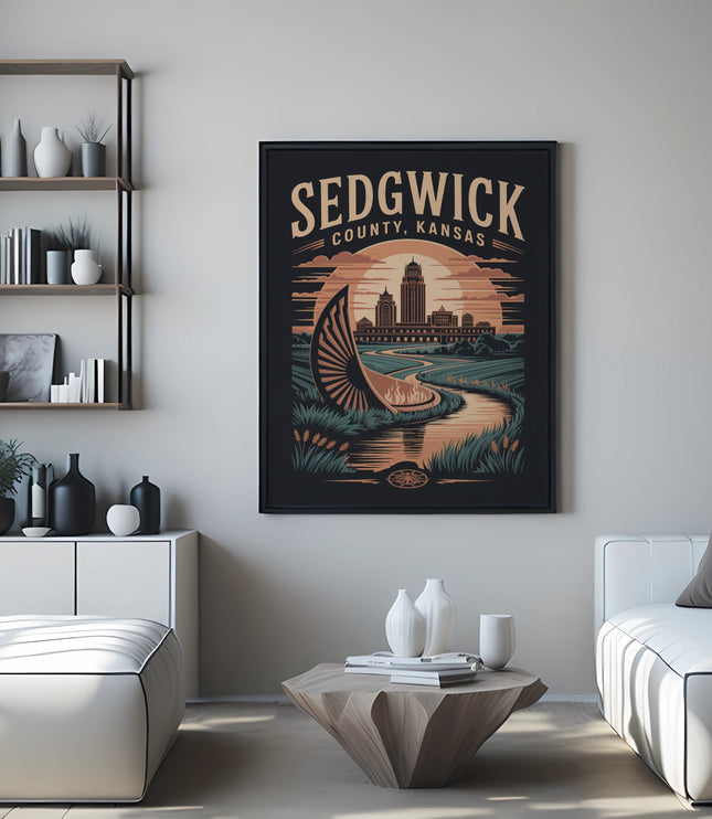 Framed "Sedgwick County, Kansas" art print with a stylized landscape and sun graphic.