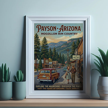 Payson, Arizona vintage travel poster with town scene, mountains, and text.