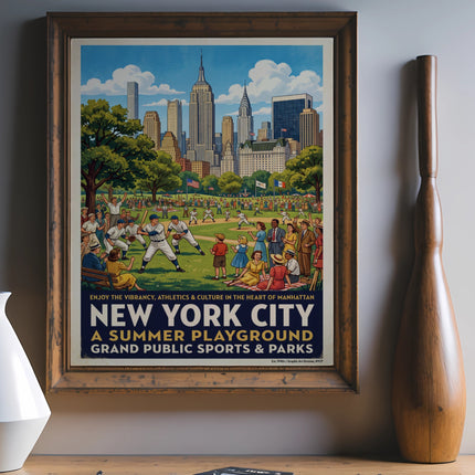 Vintage poster for New York City's summer playground, featuring baseball and city skyline.