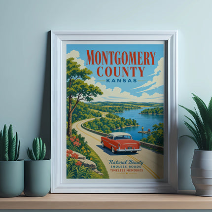 Vintage travel poster for Montgomery County, Kansas, featuring a red car.