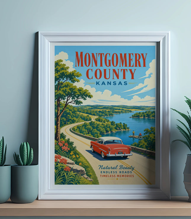 Vintage travel poster for Montgomery County, Kansas, featuring a red car.