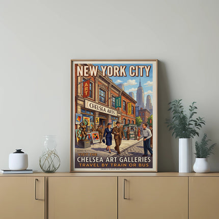 Vintage New York City poster for Chelsea Art Galleries, featuring people and buildings.