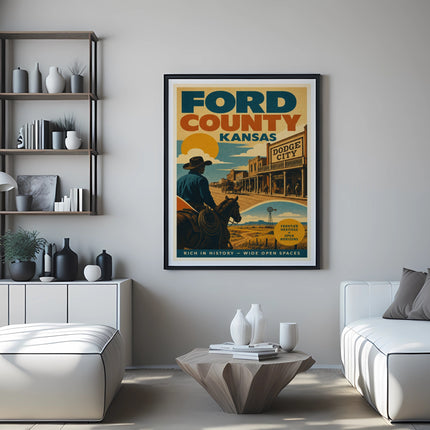Ford County, Kansas, Dodge City vintage travel poster with cowboy.
