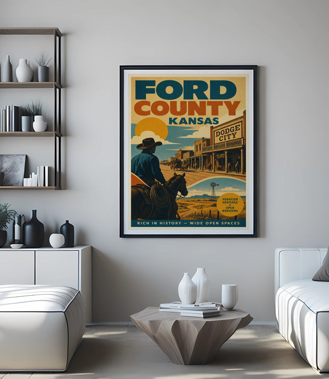 Ford County, Kansas, Dodge City vintage travel poster with cowboy.
