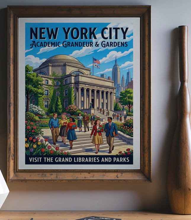New York City Academic Grandeur & Gardens poster with people walking by Library of New York.