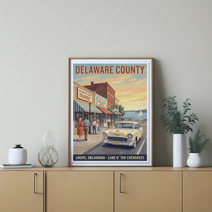Vintage travel poster for Delaware County, Grove, Oklahoma, featuring a classic car and town scene.