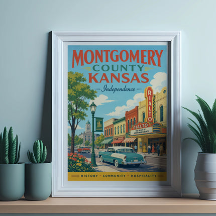 Framed vintage poster of historic downtown Independence, Kansas with the Rialto theater.