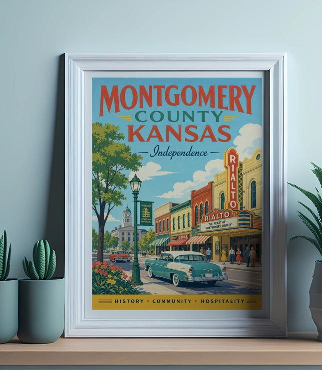 Framed vintage poster of historic downtown Independence, Kansas with the Rialto theater.