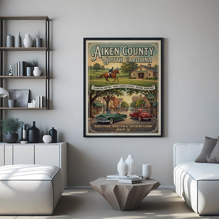 Aiken County South Carolina vintage travel poster with horse and cars.