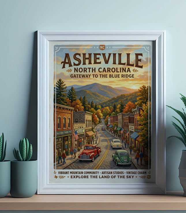 Asheville, North Carolina vintage travel poster showing a street scene with mountains.
