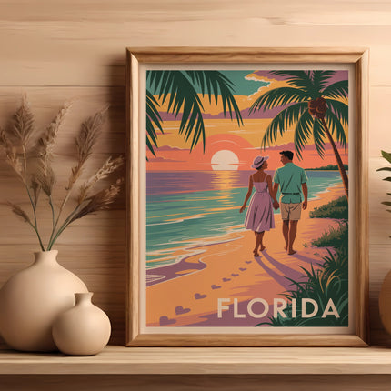Couple walking on a beach at sunset, "Florida" text below.