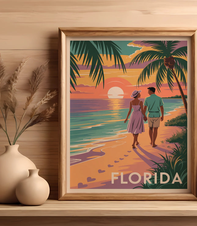 Couple walking on a beach at sunset, "Florida" text below.