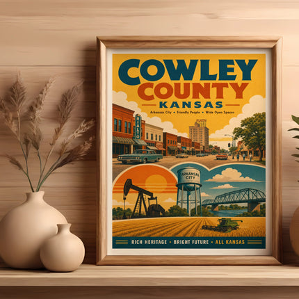 Cowley County Kansas vintage travel poster with landmarks and text.