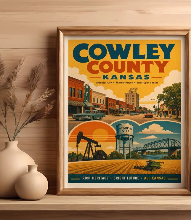 Cowley County Kansas vintage travel poster with landmarks and text.