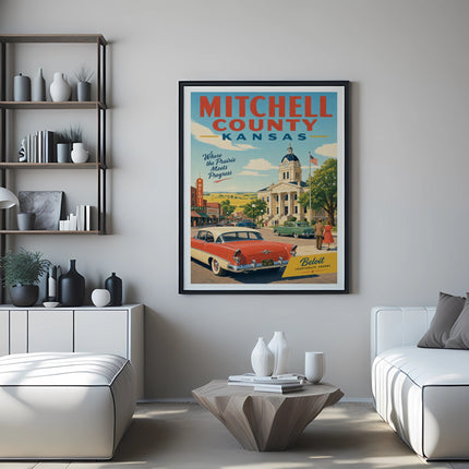 Mitchell County Kansas travel poster featuring Beloit Courthouse Square.