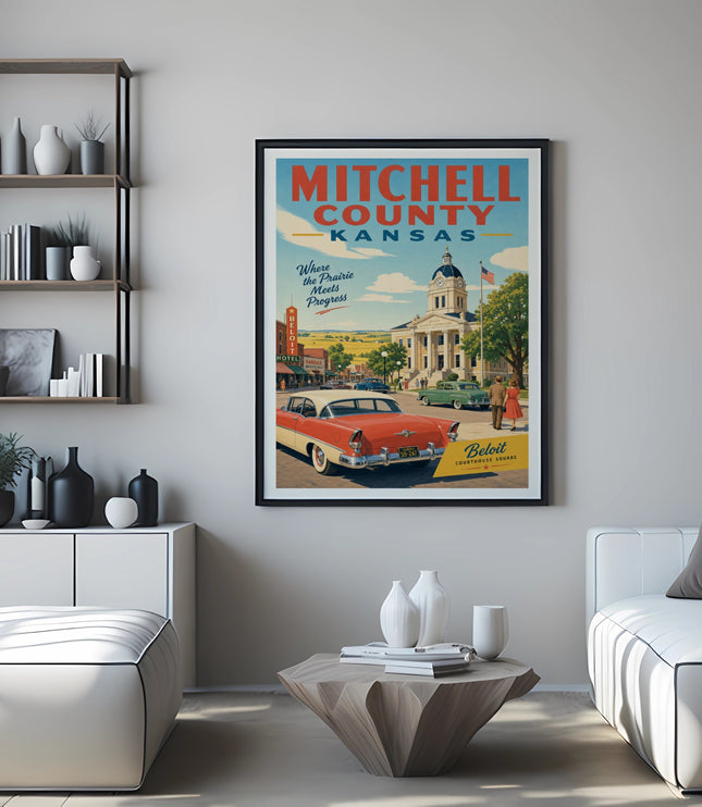 Mitchell County Kansas travel poster featuring Beloit Courthouse Square.
