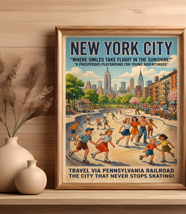 New York City vintage travel poster with kids roller skating in Central Park.