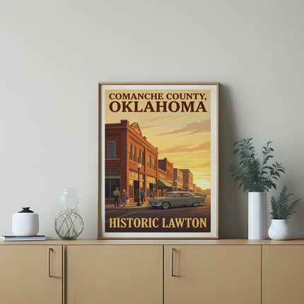 Poster with text "Comanche County, Oklahoma Historic Lawton" featuring a vintage car and buildings.