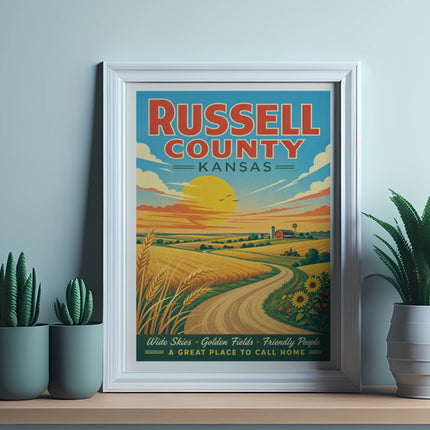 Russell County, Kansas vintage travel poster with fields and text.