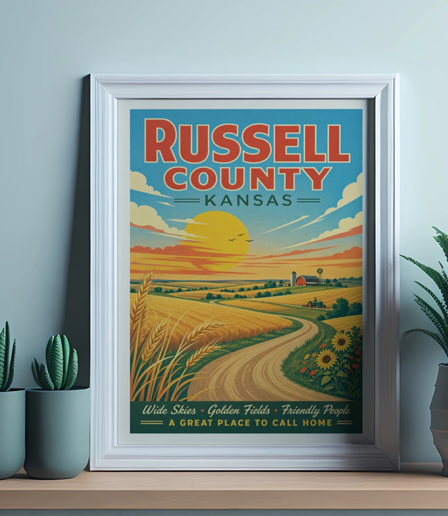Russell County, Kansas vintage travel poster with fields and text.