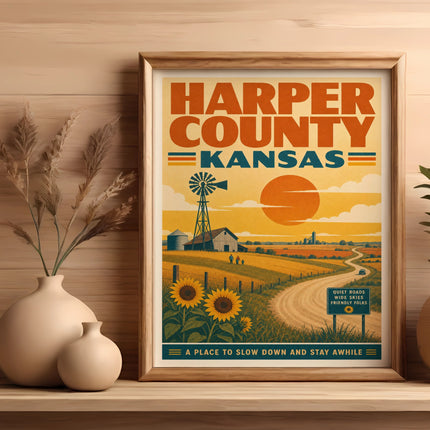 Harper County Kansas vintage travel poster with rural landscape and text.