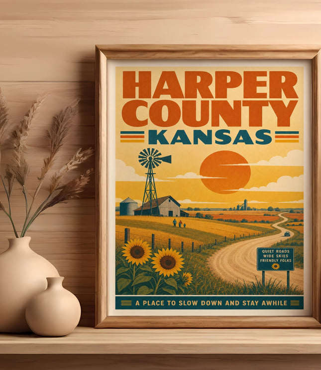 Harper County Kansas vintage travel poster with rural landscape and text.