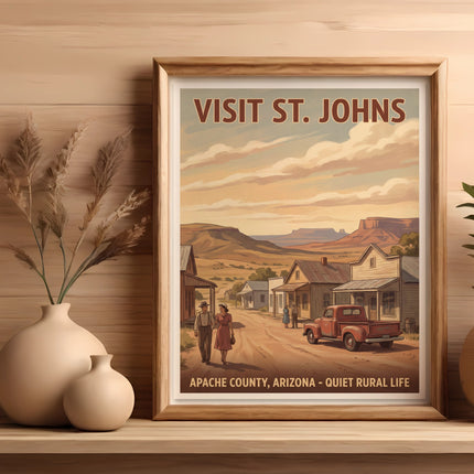 Vintage poster for St. Johns, Arizona, showing a desert town, couple, and truck.
