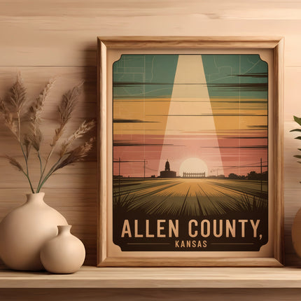 Framed Allen County, Kansas landscape artwork with vase and plant.