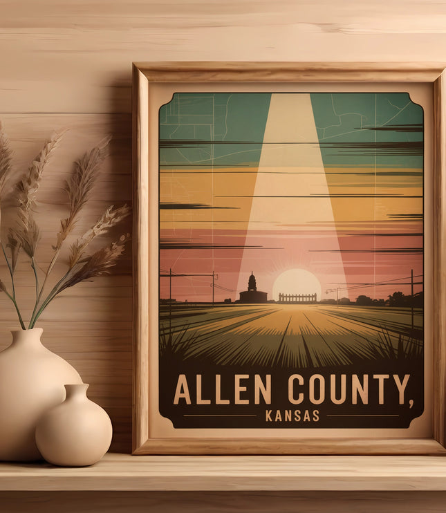 Framed Allen County, Kansas landscape artwork with vase and plant.