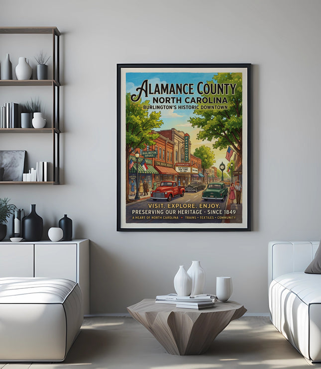 Vintage poster of Alamance County, Burlington's historic downtown, 1950s style.