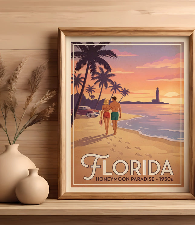 Framed "Florida Honeymoon Paradise - 1950s" poster shows couple on beach, palm trees, lighthouse.