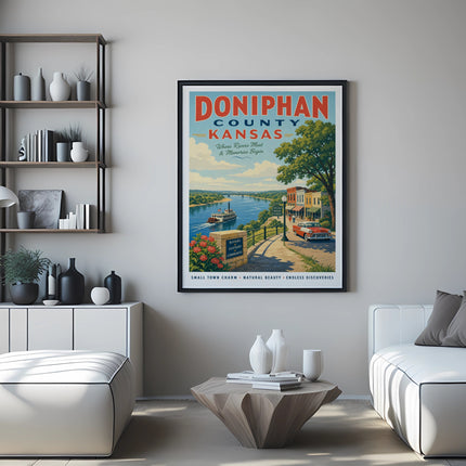 Doniphan County, Kansas poster with "Where Rivers Meet & Memories Begin" text.