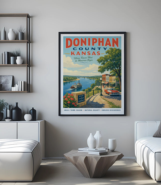 Doniphan County, Kansas poster with "Where Rivers Meet & Memories Begin" text.