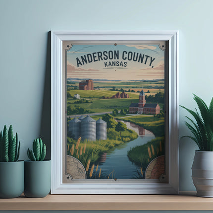 Framed poster of Anderson County, Kansas, featuring rural landscape with silos and buildings.