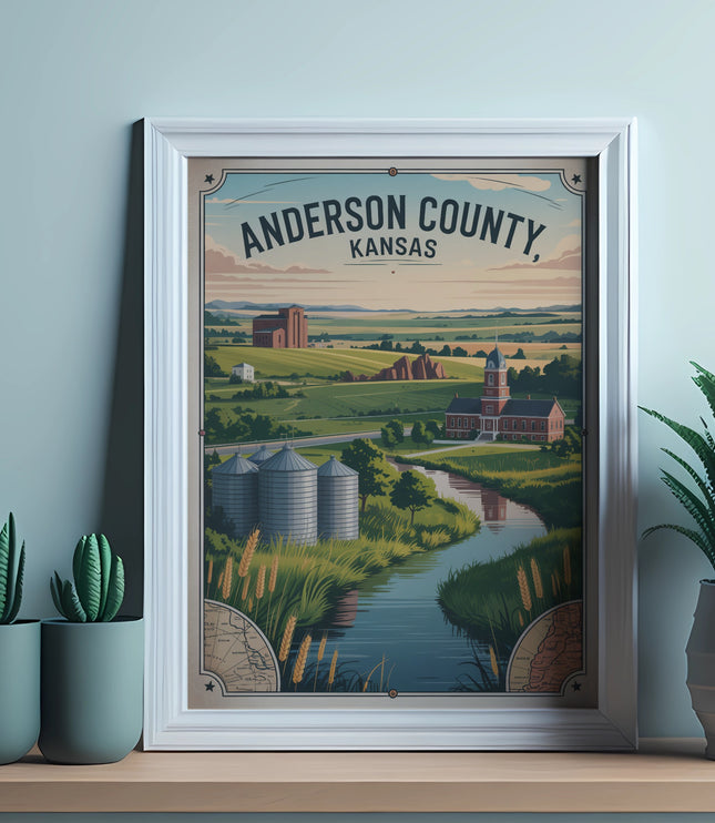 Framed poster of Anderson County, Kansas, featuring rural landscape with silos and buildings.