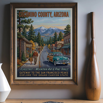 Coconino County, Arizona vintage travel poster featuring Flagstaff and San Francisco Peaks.