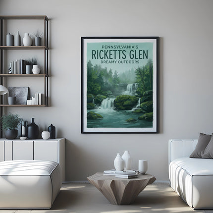 Poster of Ricketts Glen waterfalls, Pennsylvania, above a white sofa.