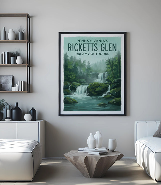 Poster of Ricketts Glen waterfalls, Pennsylvania, above a white sofa.