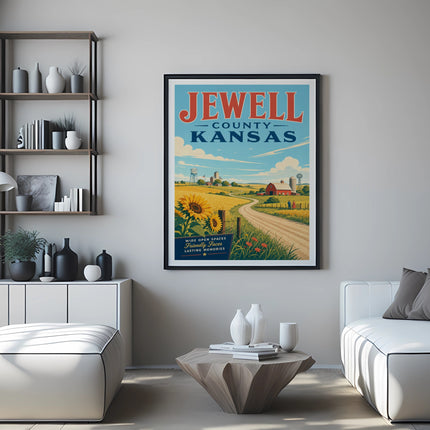 Vintage travel poster for Jewell County, Kansas, featuring a farm scene.