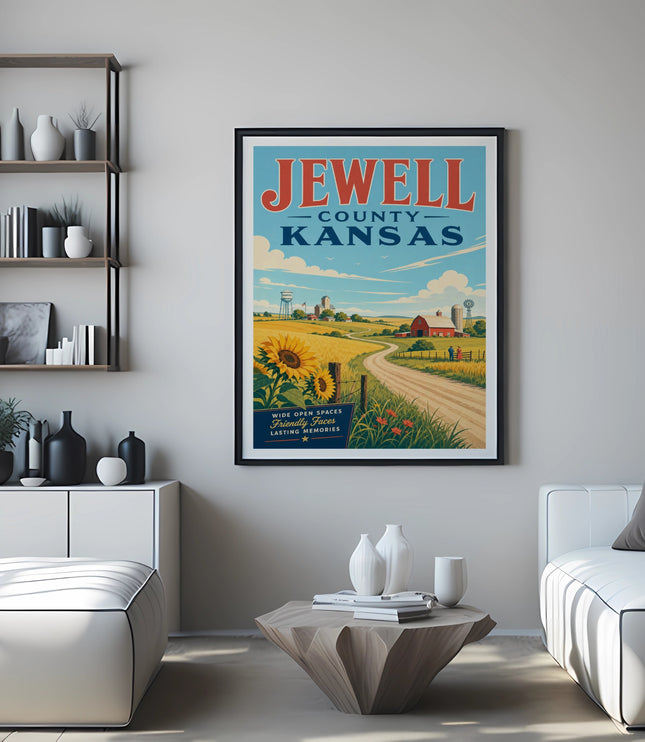 Vintage travel poster for Jewell County, Kansas, featuring a farm scene.