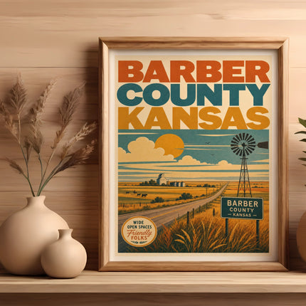 Barber County Kansas vintage travel poster with windmill and sunset.