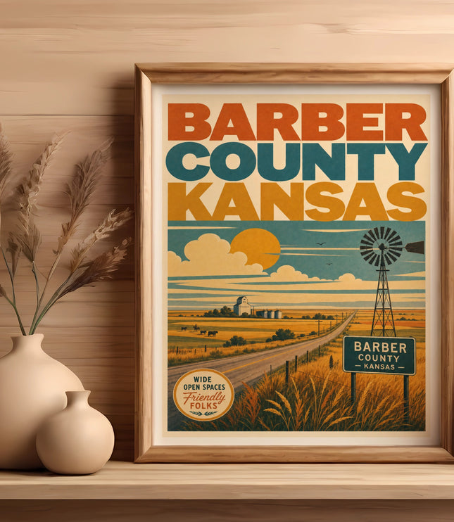 Barber County Kansas vintage travel poster with windmill and sunset.
