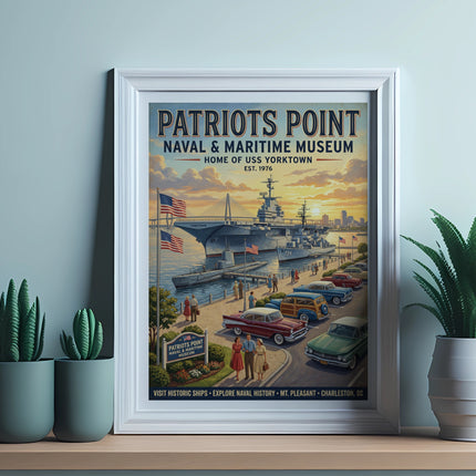 Patriots Point Naval & Maritime Museum poster featuring USS Yorktown, submarine, vintage cars, and people.