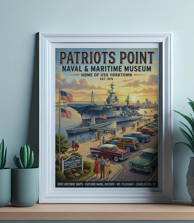Patriots Point Naval & Maritime Museum poster featuring USS Yorktown, submarine, vintage cars, and people.