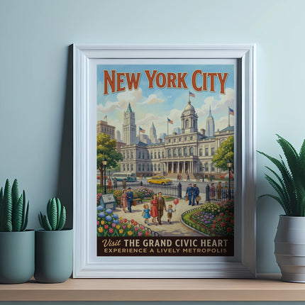 New York City poster with buildings, people, and text "Visit the Grand Civic Heart".