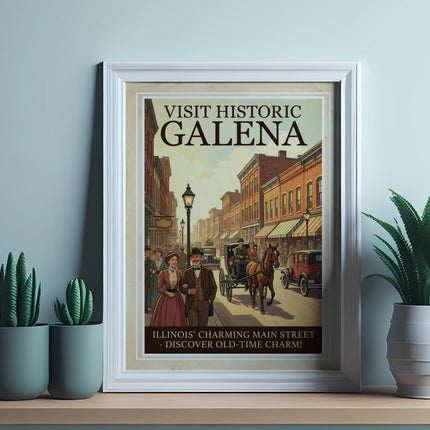Vintage poster for Visit Historic Galena, Illinois, featuring old-time charm.