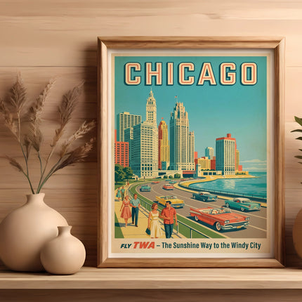 Vintage Chicago TWA poster with skyline, cars, and people on boardwalk.